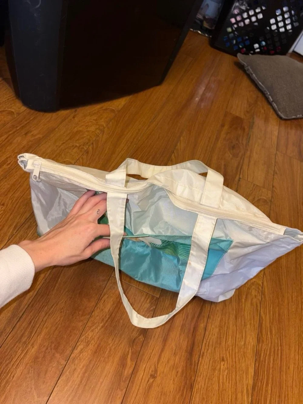 White and Turquoise Floral Tote Bag with Dual Handles
